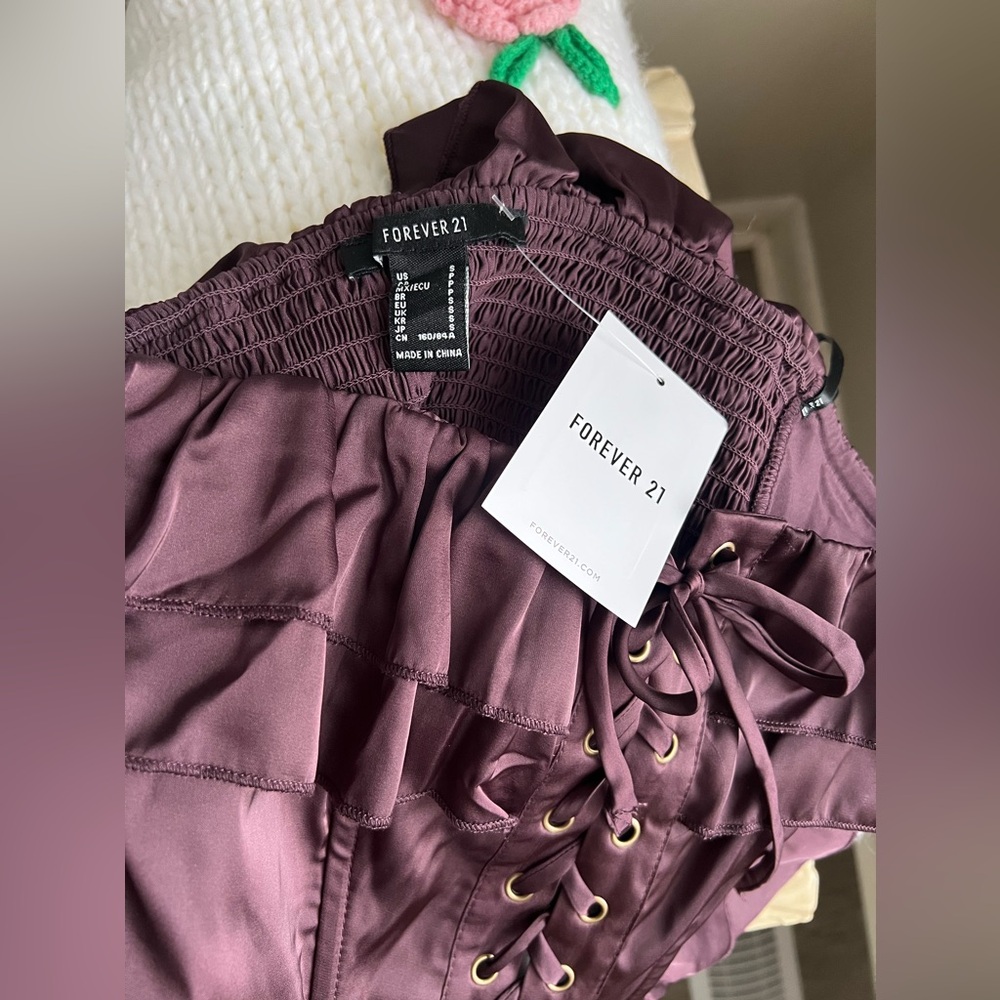 Forever 21 Corset Tie Peplum Ruffle Top Burgundy Brown SMALL - Picture 4 of 6